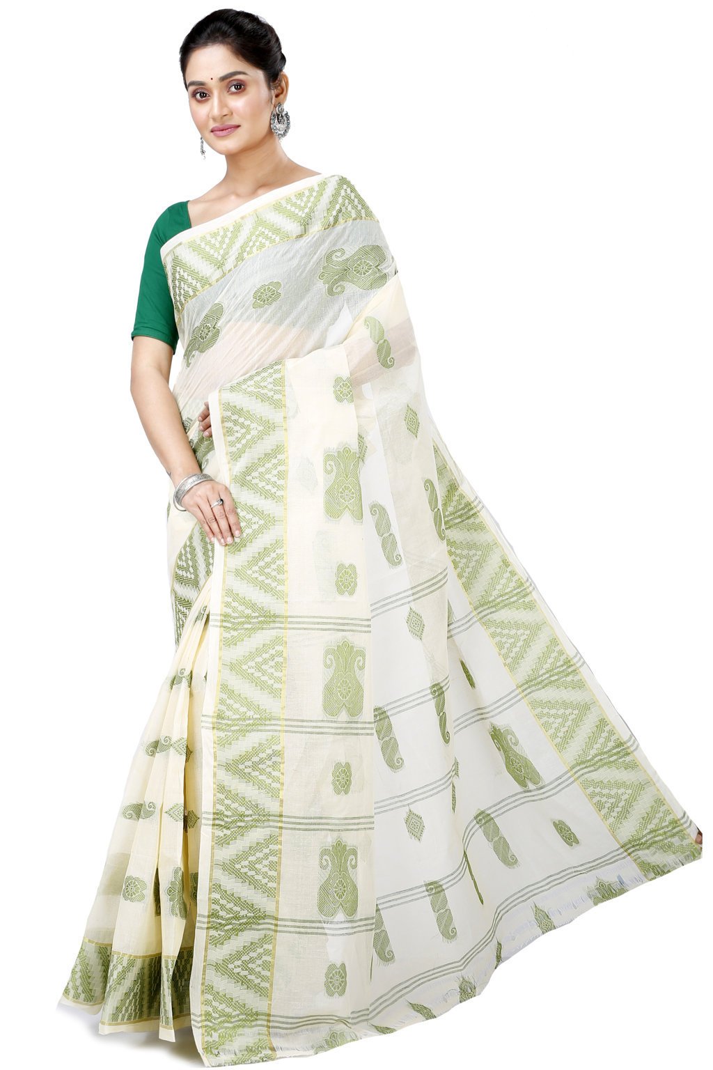 White Green Pure Cotton Gargi Tant Saree (911)